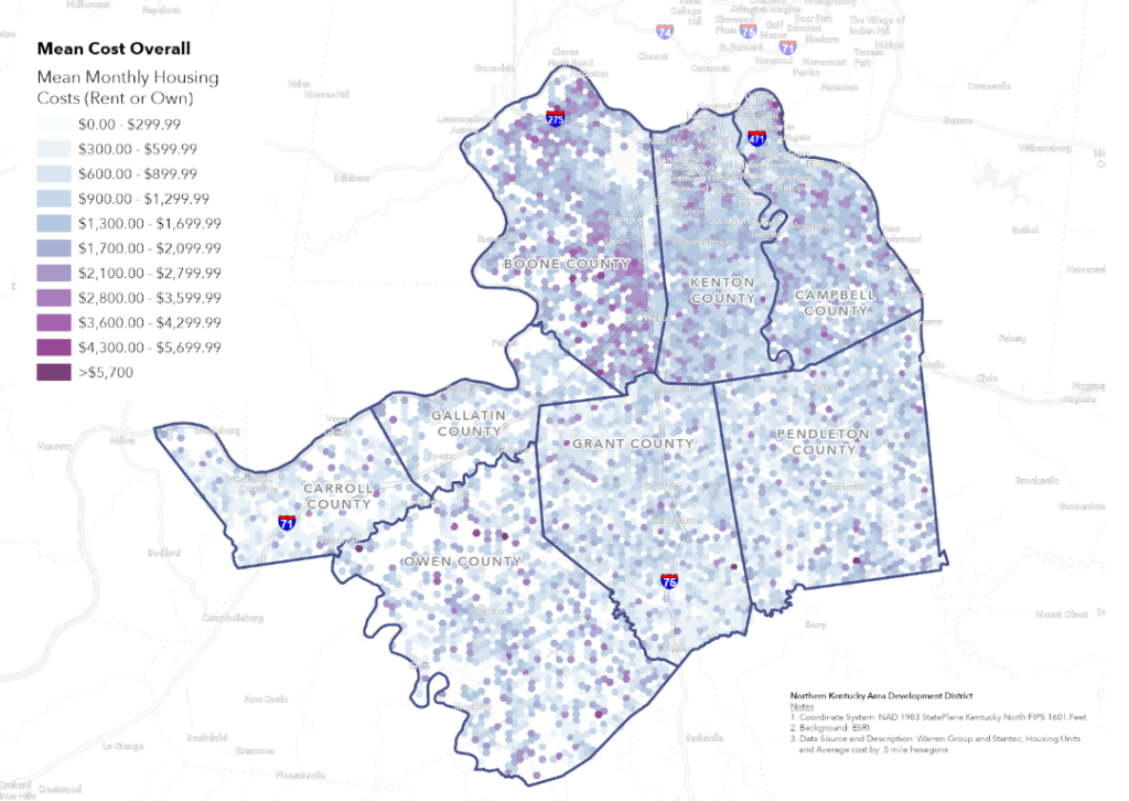 Map of Northern Kentucky showing locations of housing and monthly costs